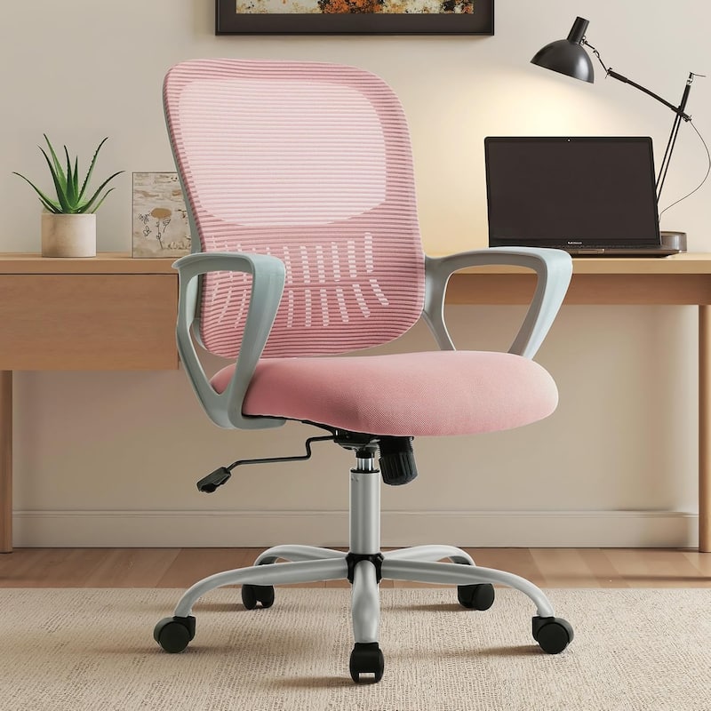 Ergonomic Mesh Office Chair, Mid-Back Mesh Rolling Work Swivel Chairs with Wheels, Lumbar Support, Swivel Computer Task Chair - Pink