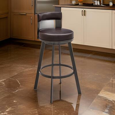 Ami 30 Inch Swivel Barstool Chair, Curved Open Back Brown Faux Leather