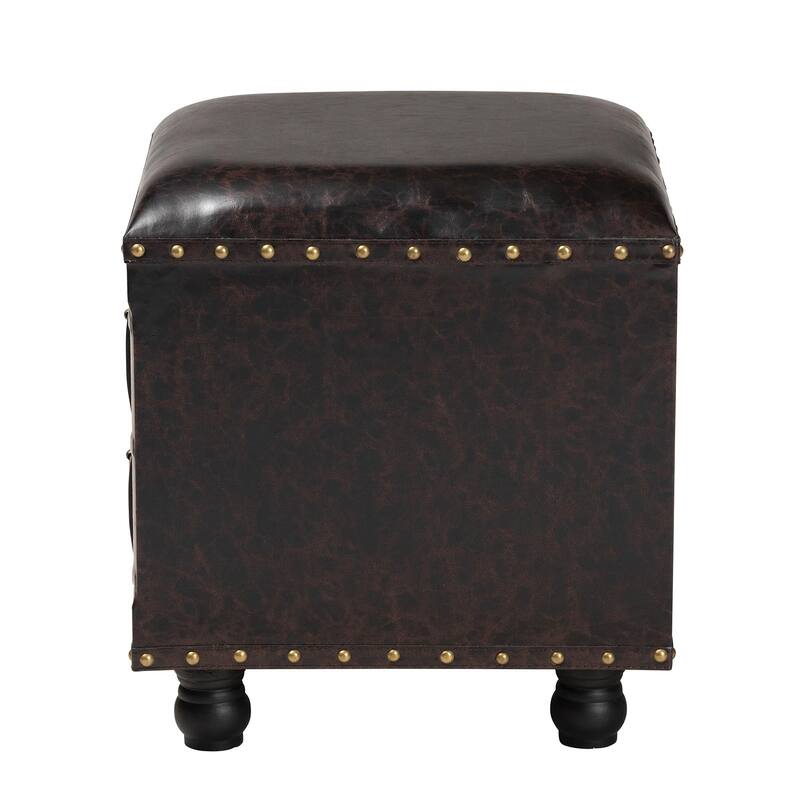 Rustic Dark Brown Faux Leather Storage Ottoman with Book Spine Drawer