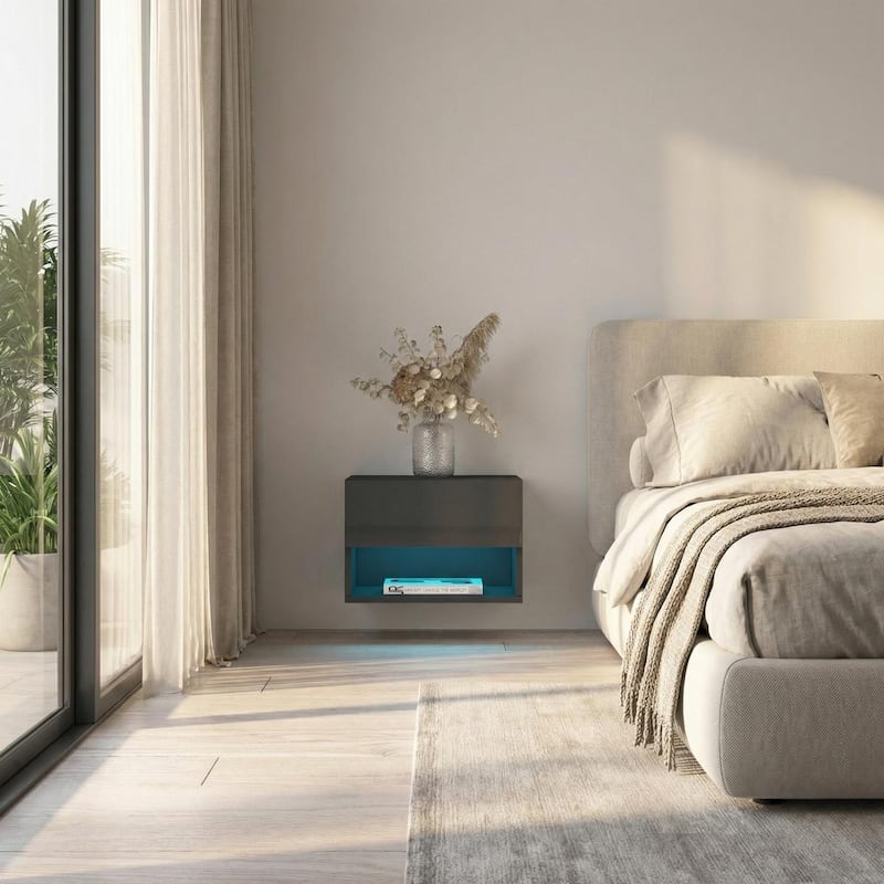 Meble Furniture Air Modern Floating Wall-Mounted Nightstand 19.7"W x 15.7"D x 13.5"H White LED Lighting European Design