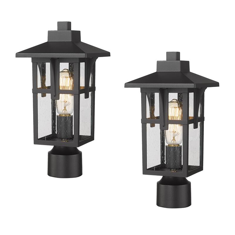 JAZAVA Outdoor Post Light, Outdoor Pole Lantern Pillar Light Fixture with Seeded Glass Shade, Matte Black Finish - 2 Pack