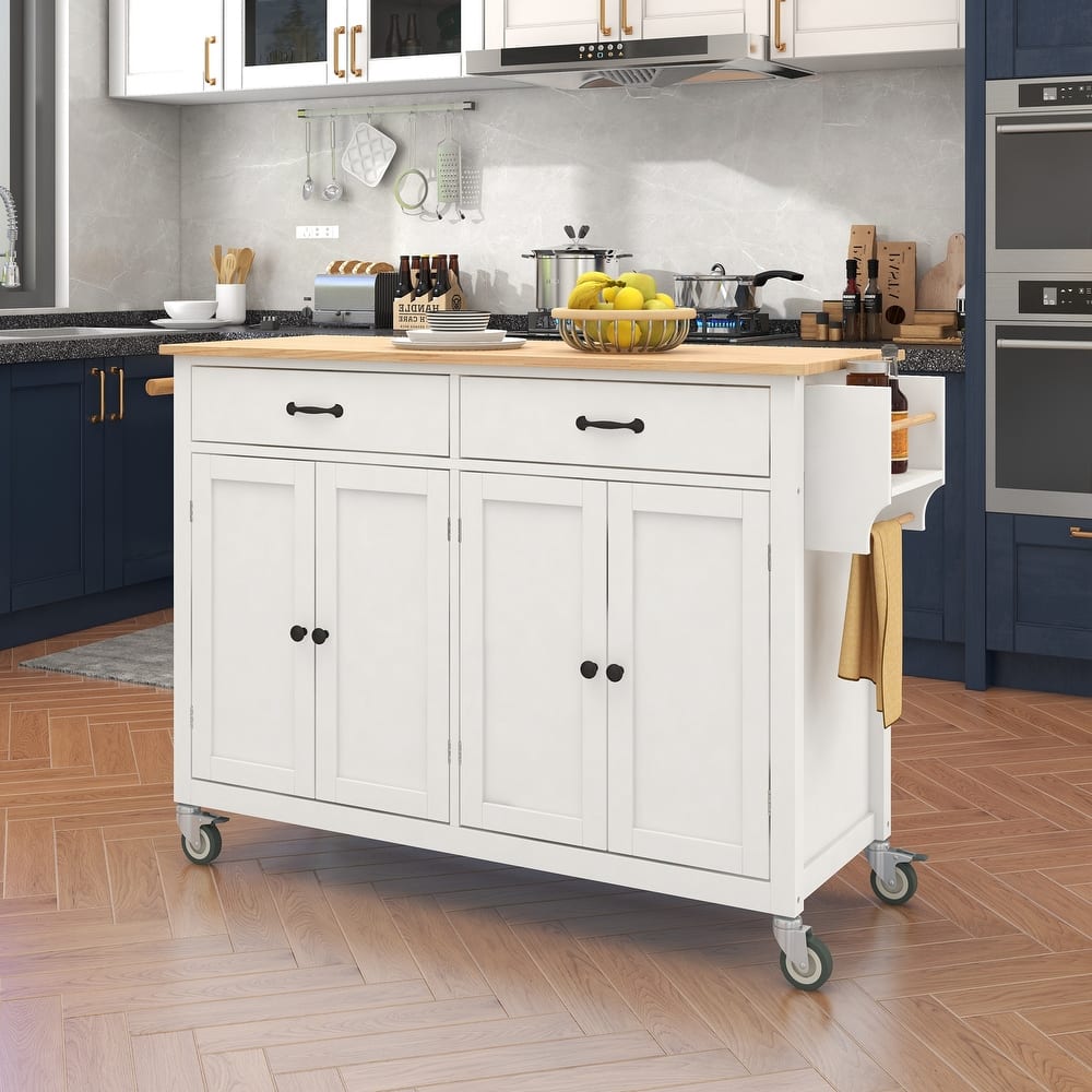 Kitchen Island Cart on Wheels with Solid Wood Top, Moveable Island Table with Adjustable Shelves, 4-Door Cabinet & 2 Drawers