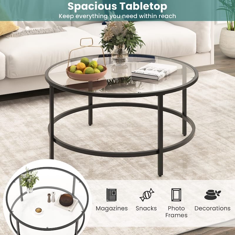 Tempered Glass Round Coffee Table with Metal Frame and 110 lbs Capacity - 35.5" x 35.5" x 18"
