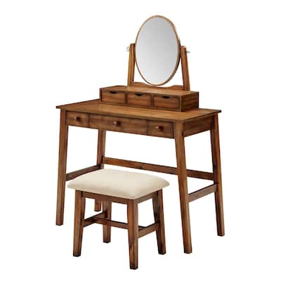 51.75" Walnut Brown Vanity Set with Tilt Mirror and Stool