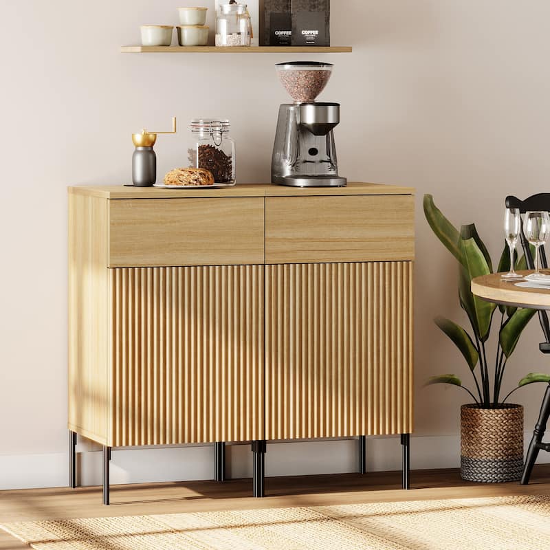 31.5" Wooden 2-Doors Sideboard With Charging Station, Modern Reeded Credenza Storage Cabinet