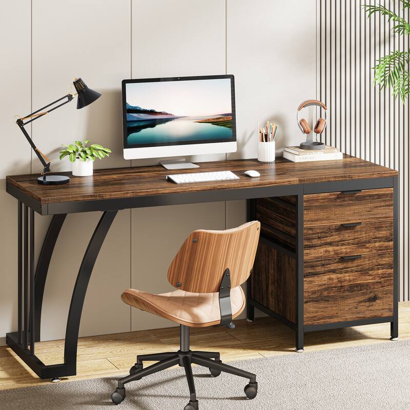 59 inch Reversible Computer Desk with 3 Drawer Cabinet, Industrial Study Writing Table Workstation for Home Office Bedroom - Brown