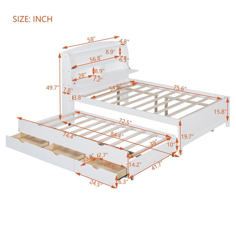 Wooden Platform Bed with Pull Out Trundle Bed and Drawers, All-in-One LED Headboard with Charging Station and Flip Up Storage