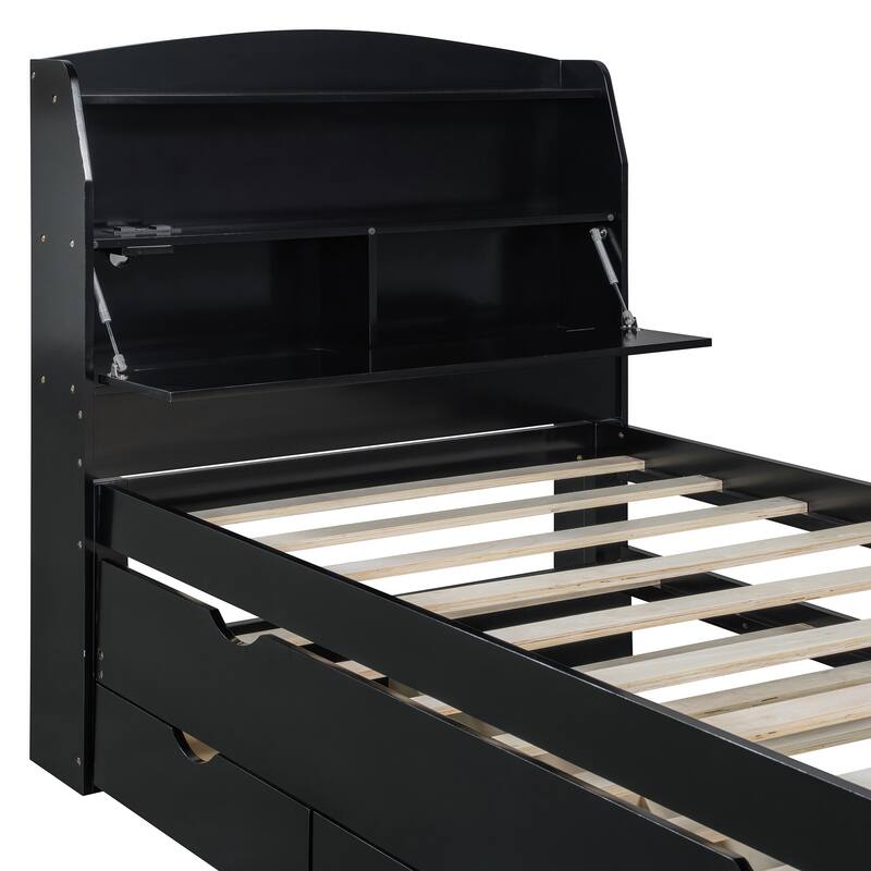 Wooden Platform Bed with Pull Out Trundle Bed and Drawers, All-in-One LED Headboard with Charging Station and Flip Up Storage