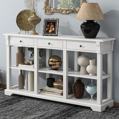 Merax Retro Console Table with Open Shelves and Drawers