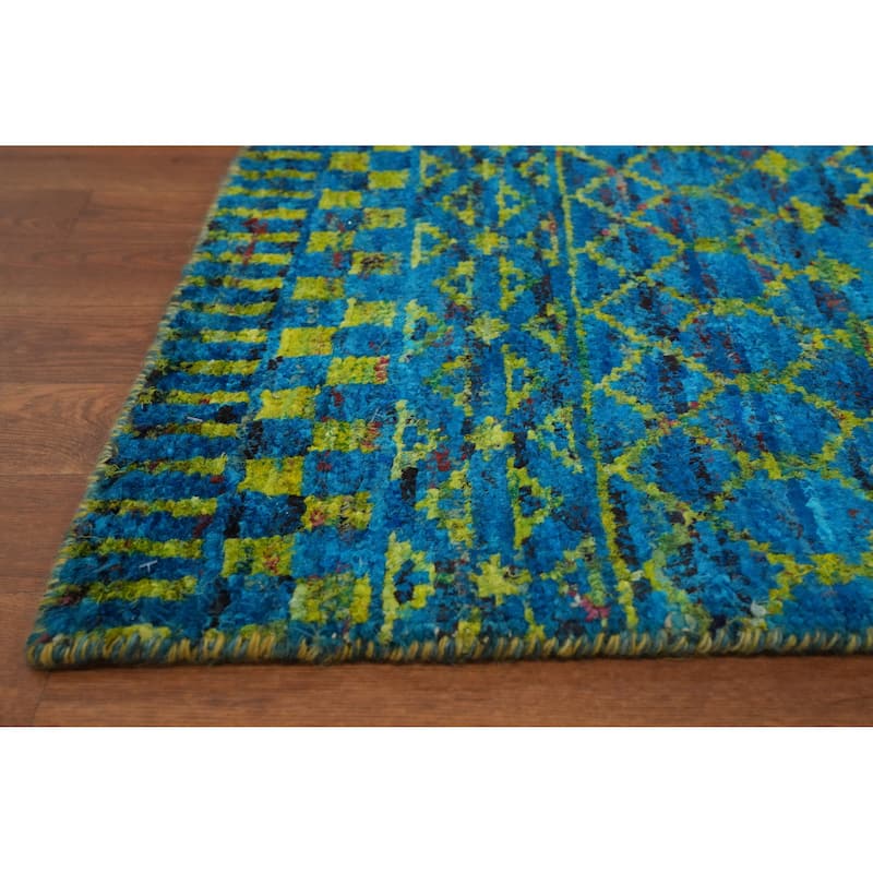 Hand-knotted Modern Wool Blue Geometric Oriental Area Rug - 7' 5'' X 5' 4''