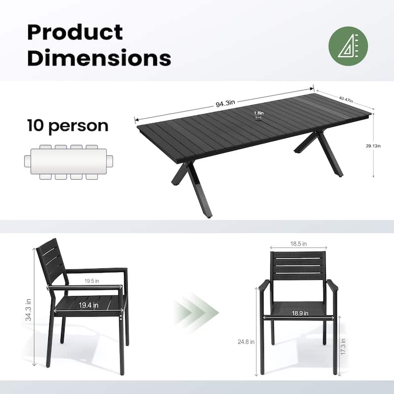 Pellebant 11PC Aluminum X Frame Outdoor Patio Dining Set Table with Stackable Armchairs