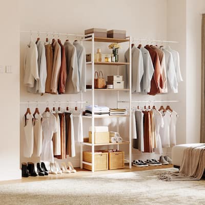 Moasis 70.8"- 105" W 5-Tier Wood Clothes Rack Storage Shelves with 4 Expandable Hanger Rods