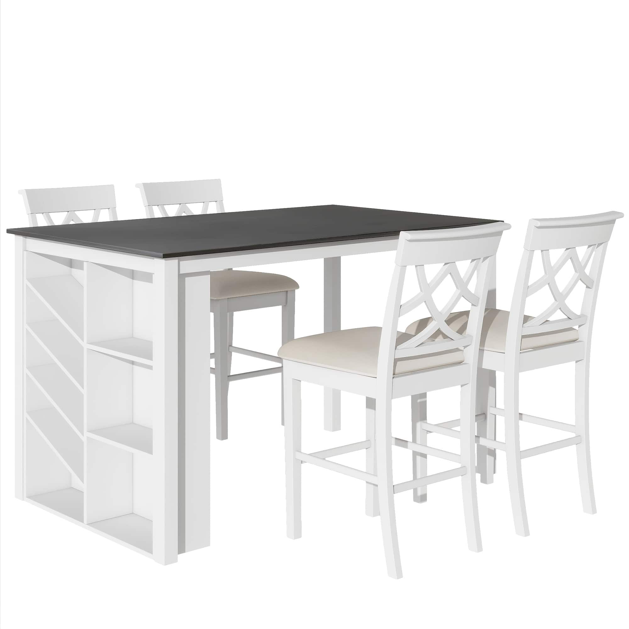 5-Piece Counter Height White Dining Table Set Bar Table with Wine Rack ...