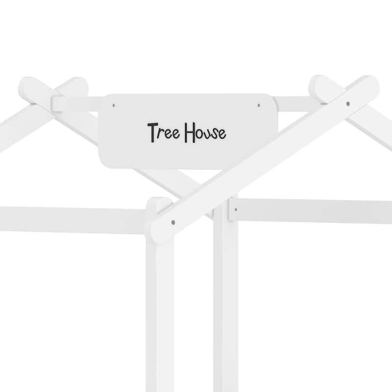 Kids House Floor Bed with Guardrails, Roof & Built-in Tray - Queen/Full/Twin Size, Childlike Design