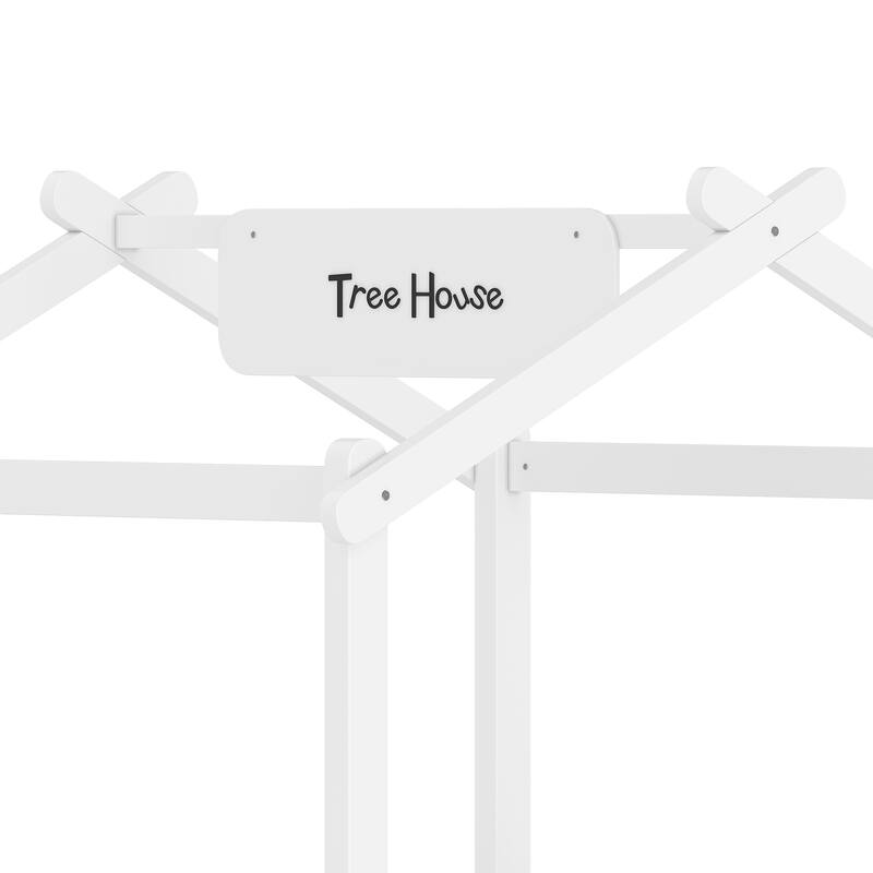 Twin Size Floor Bed with Guardrails and Roof, Kids House Floor Bed with a Small Built-in Tray and Free-installed Signboard