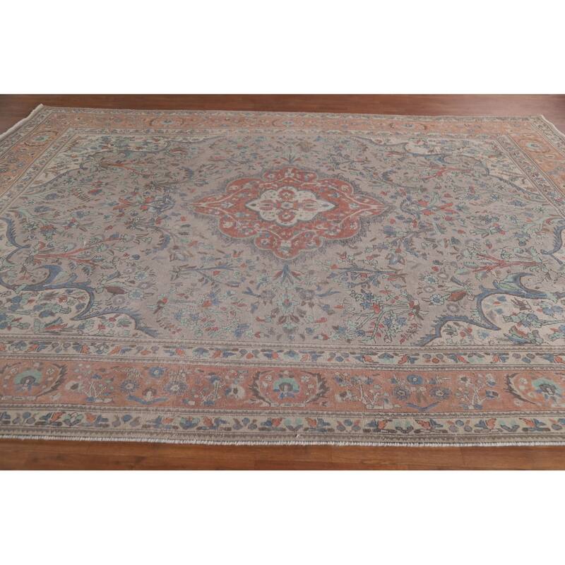 Hand Knotted Oriental 100% Wool Carpet Traditional Floral Greys & Charcoal Tabriz Area Rug - 11' 4'' X 8' 5''