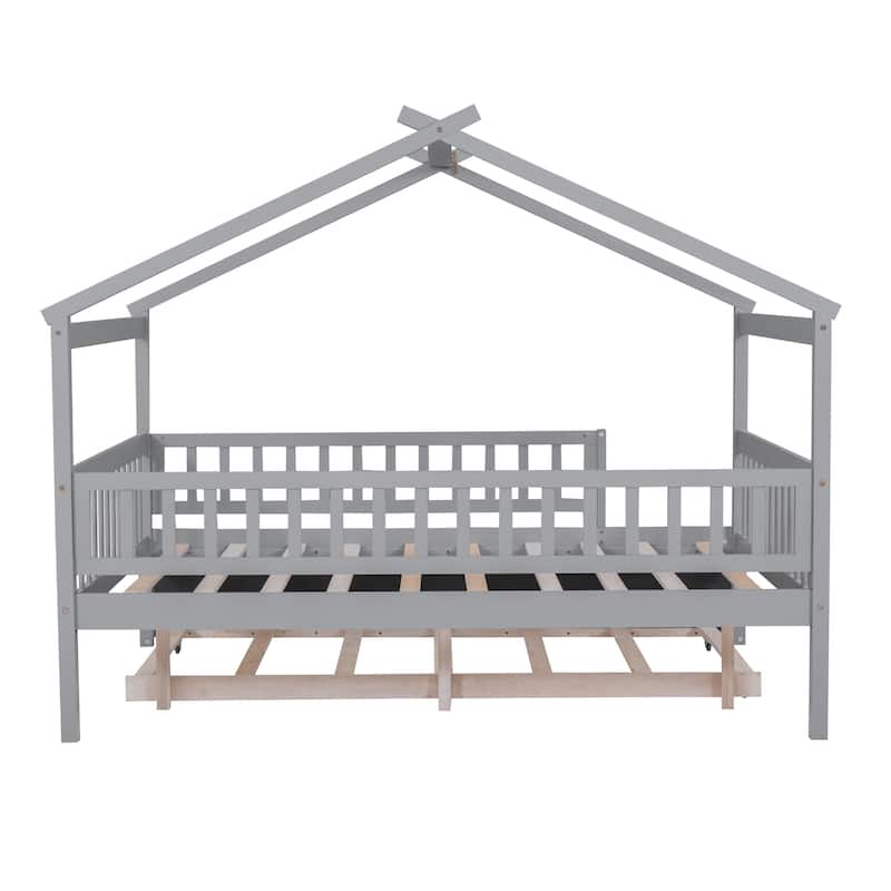 Full Size Wooden House Bed with Twin Size Trundle, Roof and Fence