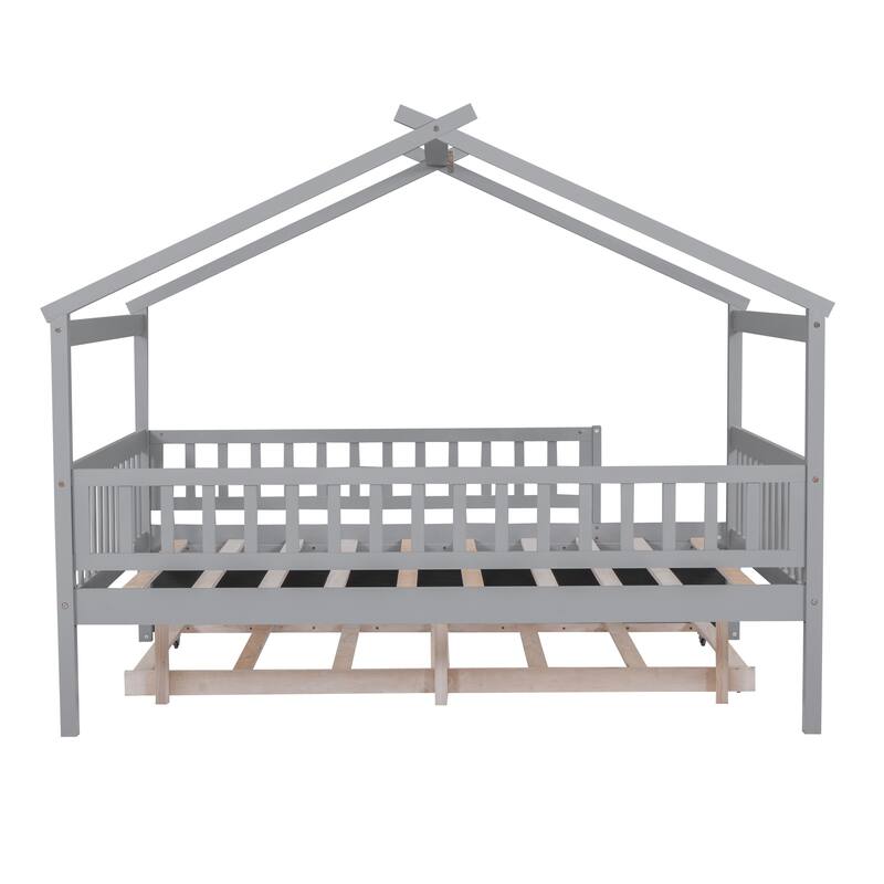 Pine House Bed with Trundle, Guardrail & Roof