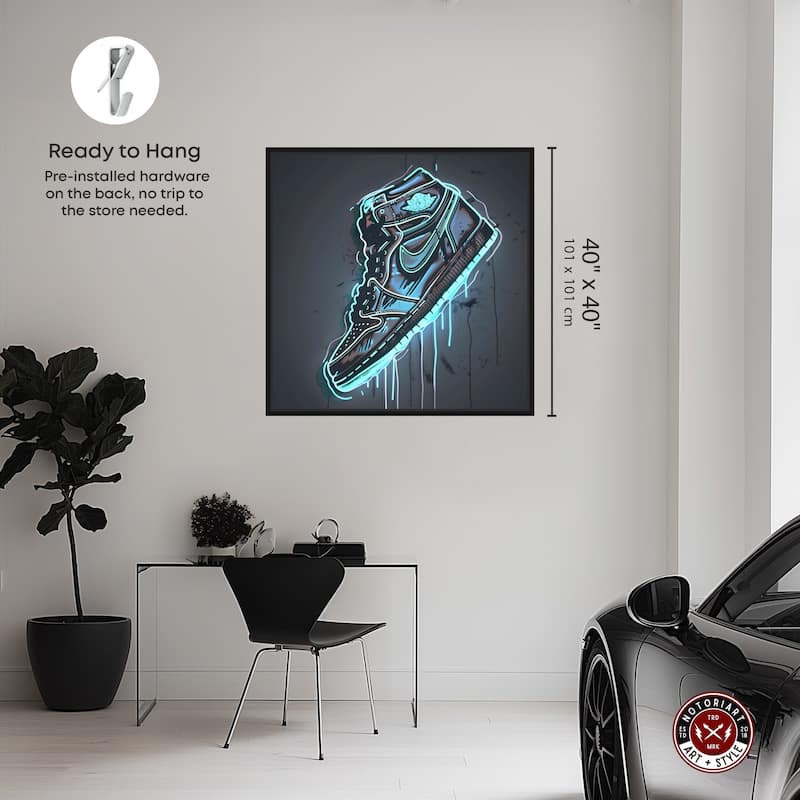 Notoriart Blue Glow Sneaker Framed Sneaker 1 Piece Canvas Wall Art