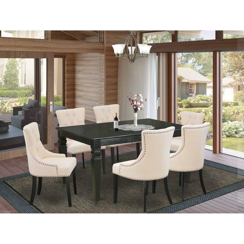 HomeStock 7-Piece Rectangle Black Finish Solid Wood Top Dining Table with 6 Parson-Chairs with Butterfly Leaf Lattice Back