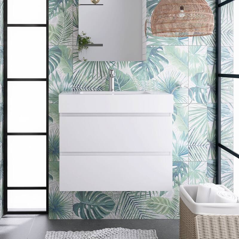 Wood Wall-Mounted Bathroom Vanity Set with White Integrated Resin Sink
