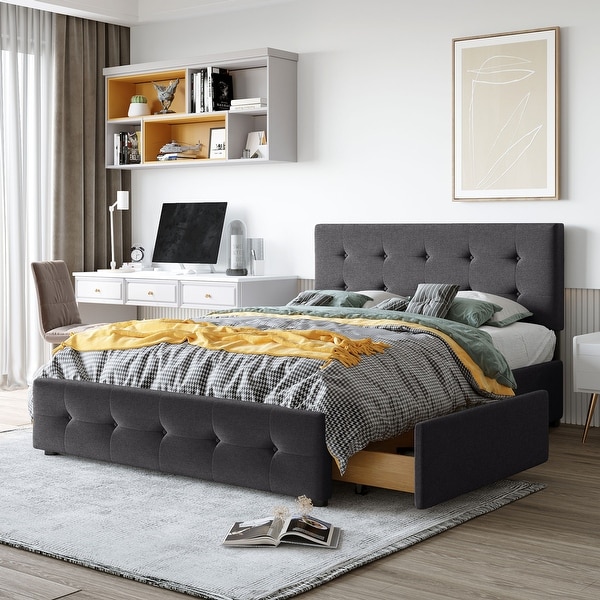 Queen Size Upholstered Bed with 4 Storage Drawers Wooden Platform Bed Frame Classic Headboard No Box Spring Needed Dark Gray