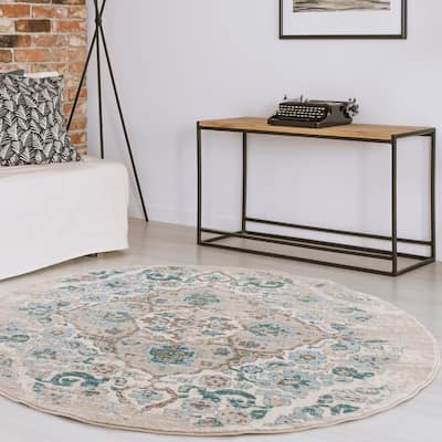Distressed Oriental Cream Round Area Rug - 6' Round