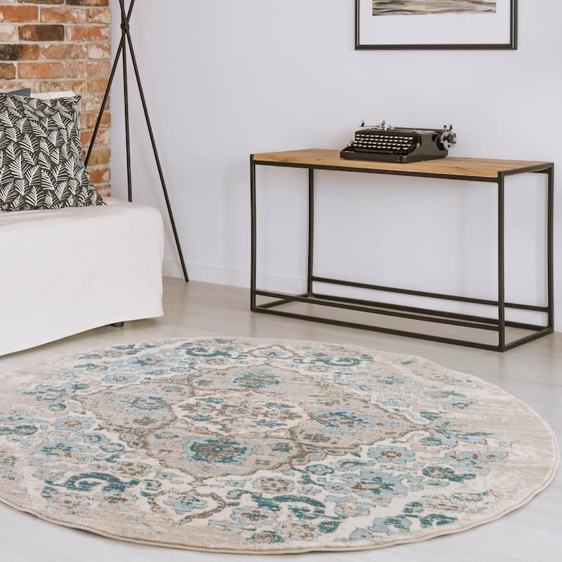 Distressed Oriental Cream Round Area Rug - 6' Round - 6' Round - Cream