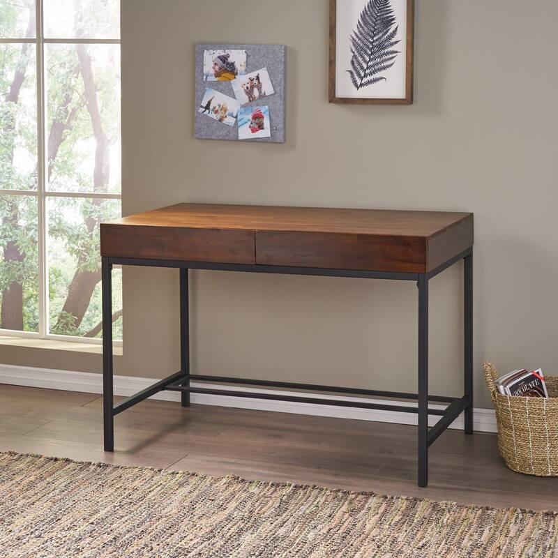 Industrial Office Desk Storage Desk Computer Desk with 2 Large Drawers and Metal Legs, Acacia Wood Top - Oak