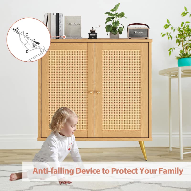 Farmhouse Rattan Storage Cabinet, Natural Buffet Sideboard - N/A