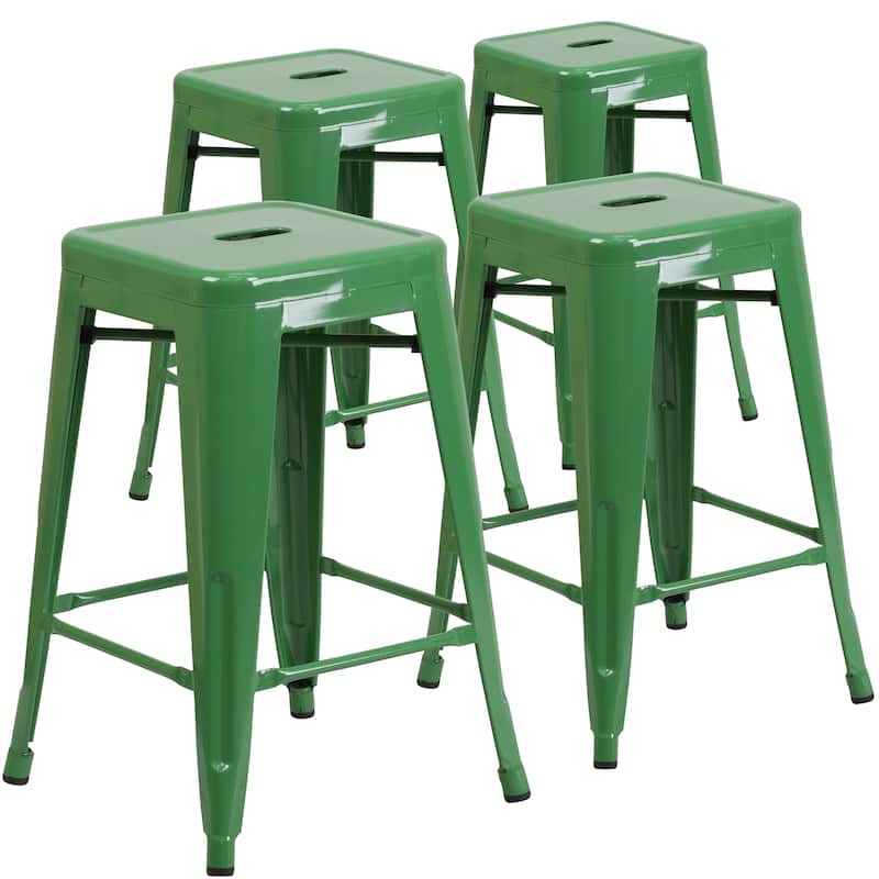4 Pack 24"H Backless Metal Indoor-Outdoor Counter Height Stool w/Square Seat - Green