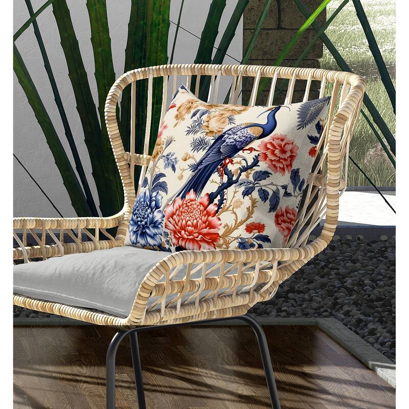 Peacock Panache Indoor/Outdoor Reversible Throw Pillow Beige and Grey