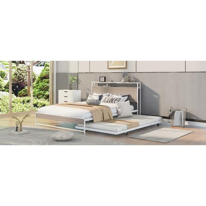 Metal Platform Bed Frame with Trundle & USB Ports