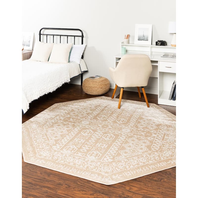 Contemporary Trabzon Collection Area Rug - Beige-Ivory - 7'x7' Octagon