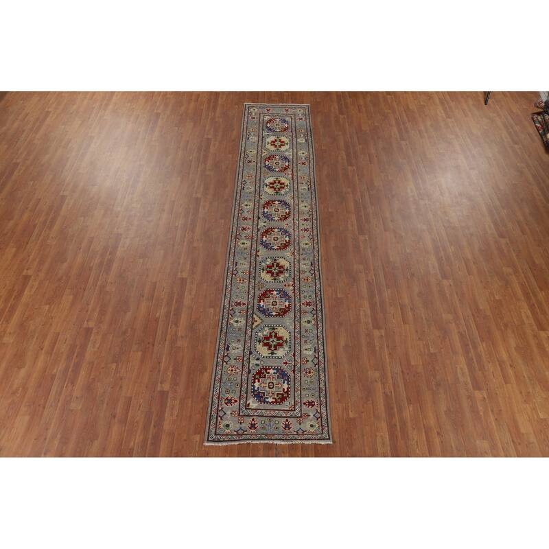 Hand Knotted Oriental 100% Wool Carpet Traditional Geometric Greys & Charcoal Kazak Runner Rug - 13' 3'' X 2' 8''