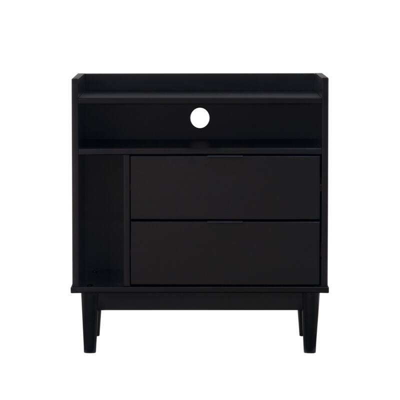 Black Mid-Century Modern Solid Wood 2-Drawer Nightstand - Black