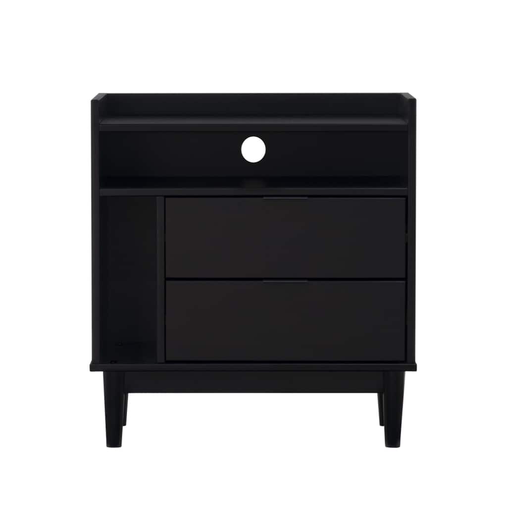 Black Mid-Century Modern Solid Wood 2-Drawer Nightstand