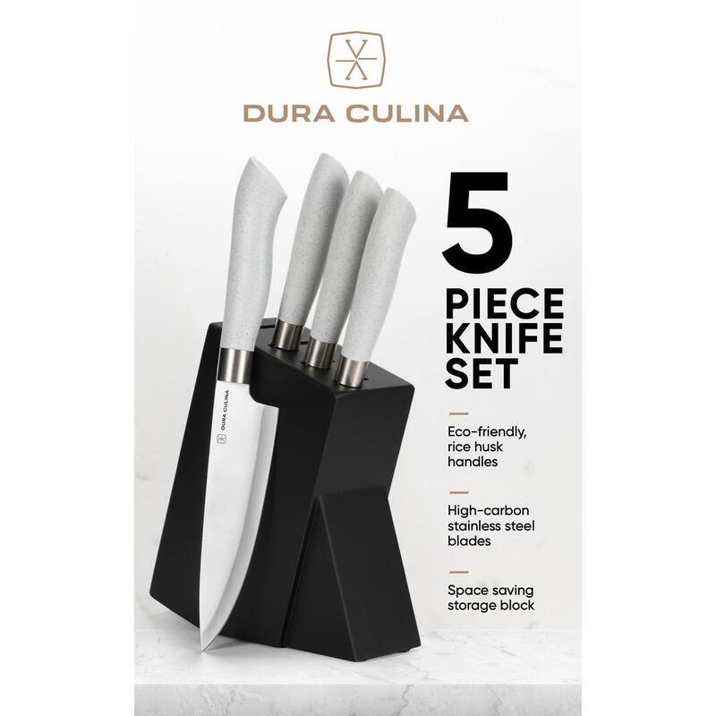 Dura Living 5-Piece Knife Block Set - High Carbon Stainless Steel Blades, Compact Wood Block