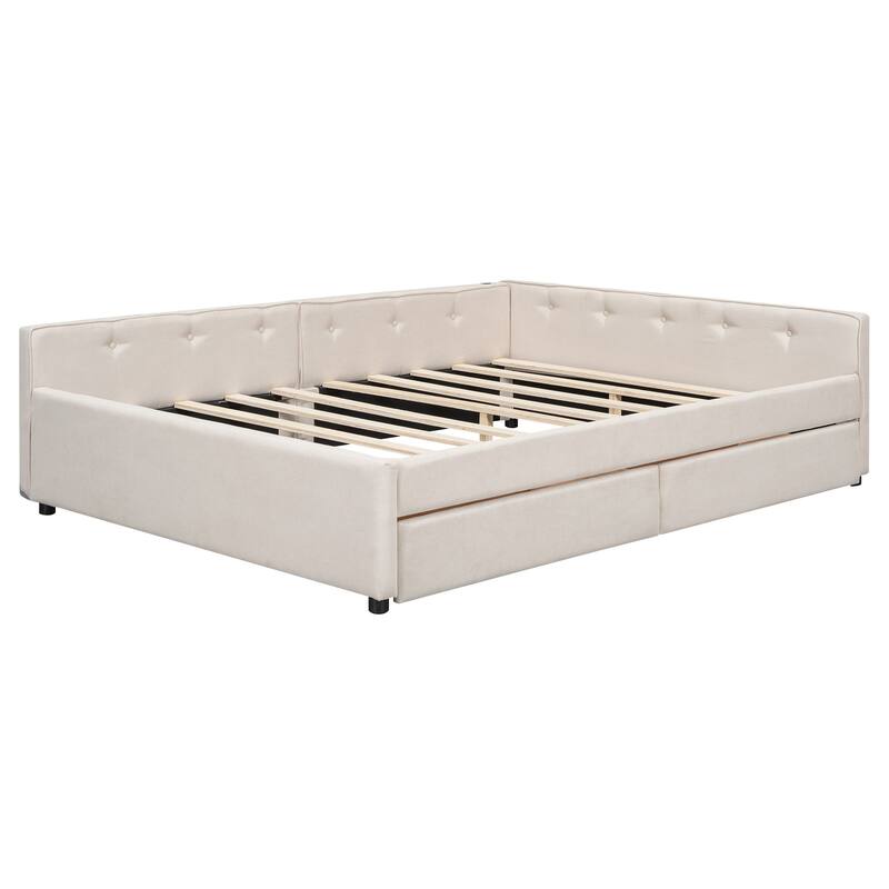 Queen Size Low Profile Bed Frame, L-Shaped Upholstered Daybed Platform Bed with USB and 2 Storage Drawers, Beige