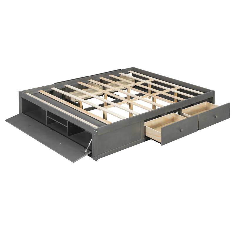 Queen Size Platform Bed Open Frame with Footboard Storage and 4 Drawers