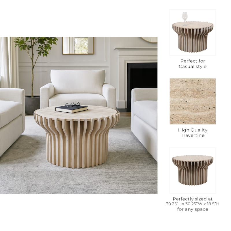 Decorative Travertine Accent Table with Wodden Carved Base- 25", White