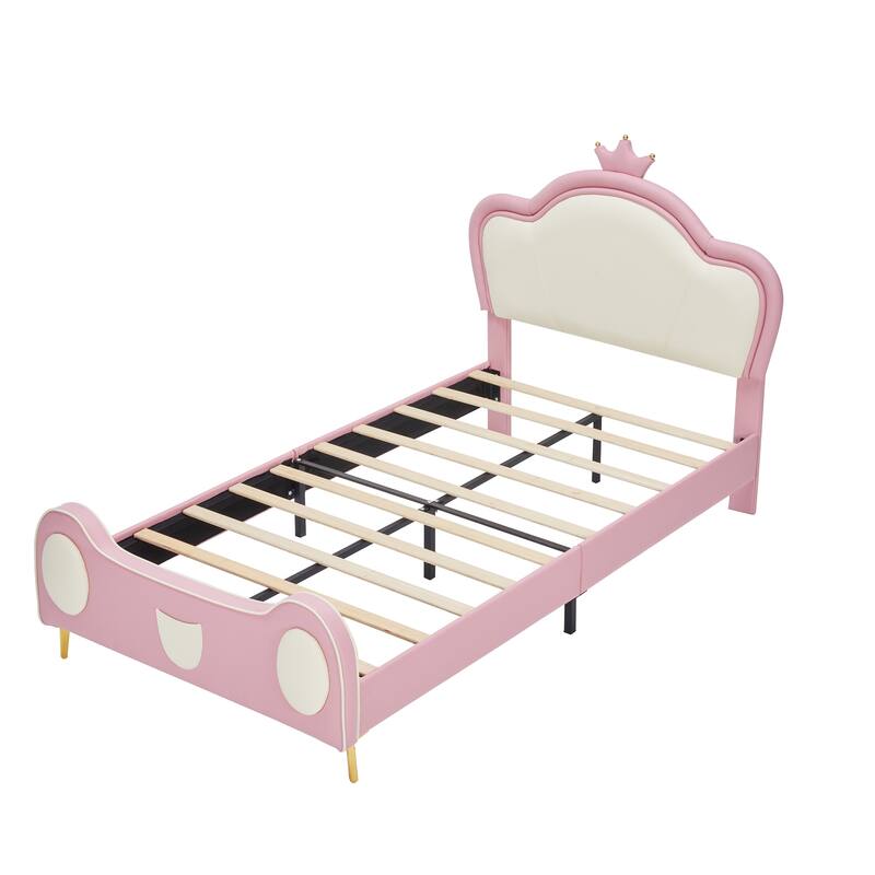Twin Size Princess Bed with Crown Headboard, PU Upholstered Platform Bed, Bed Frame with Storage Pocket, Pink