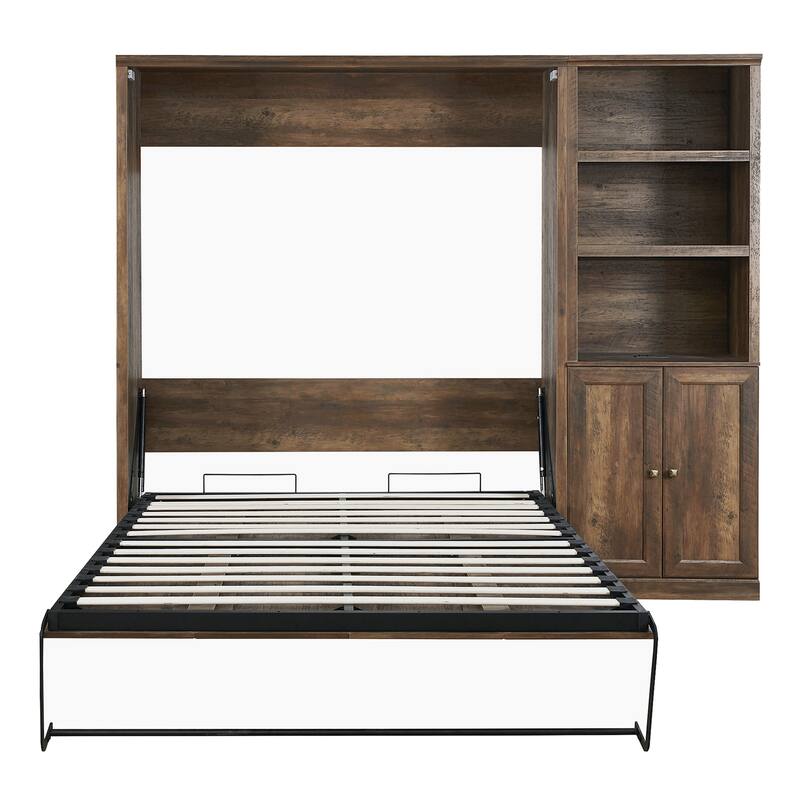 Half Self-Close and Open Murphy Bed with 2 Side Cabinet Storage Shelf