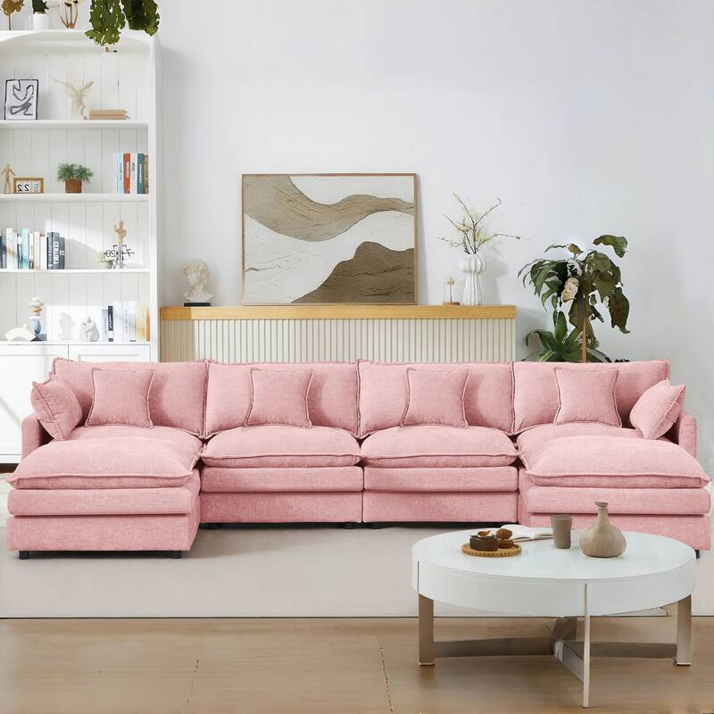 U Shaped Modular Sectional Sofa with Movable Ottoman, Comfy Chenille 4-Seater Cloud Couch, High-Resiliency Foam Deep Seat Sofa