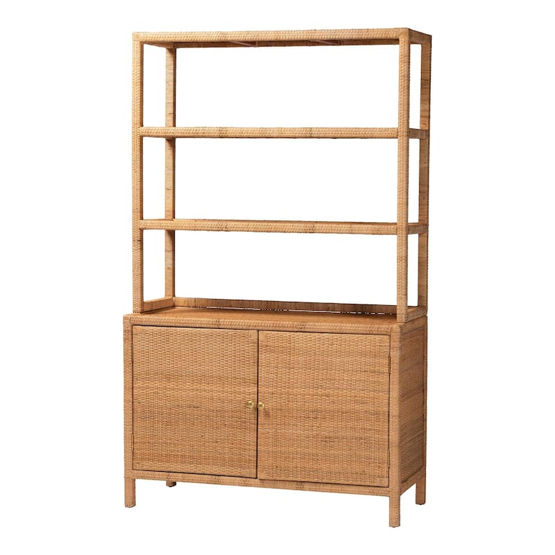 Mortis Natural Rattan Display Shelf with 2-Door Storage Cabinet - Coastal Boho Wicker Bookcase or Hutch for Living Room - Natural Brown/Brass