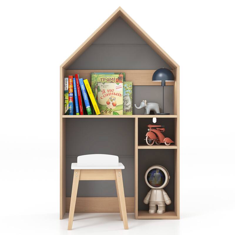 2-in-1 Kids House-Shaped Table and Chair Set-Gray - Grey
