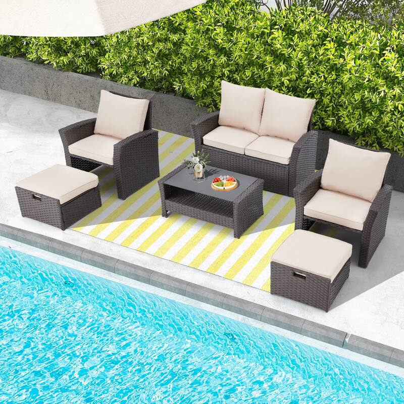 6-Piece Outdoor Sectional Sofa Set, PE Wicker Patio Furniture with Storage Coffee Table & Ottoman, Cushions, for Garden