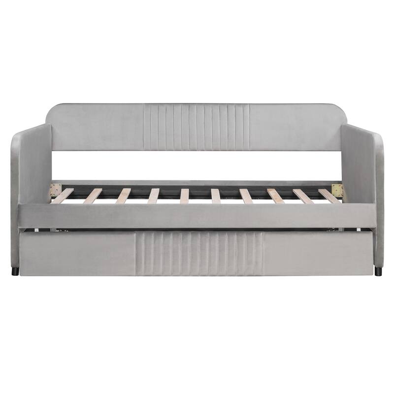 Roomfitters Twin Upholstered Daybed with Pull-Out Trundle, Velvet Sofa Bed Frame, Grey