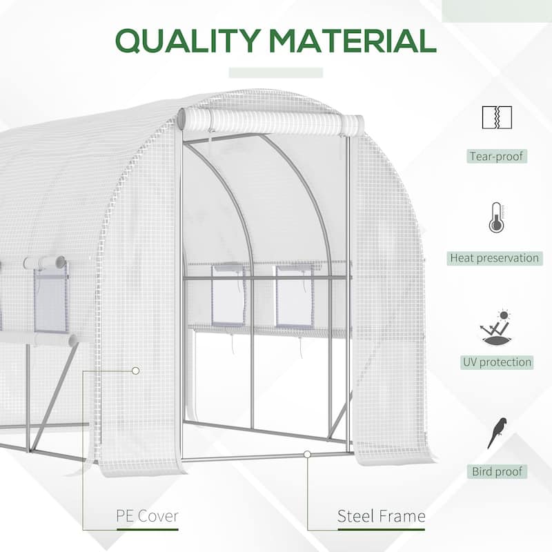 Outsunny 9.7' x 6.5' x 6.5' Walk-in Tunnel Greenhouse, Outdoor Plant Nursery with Quality PE Cover, Zipper Doors White