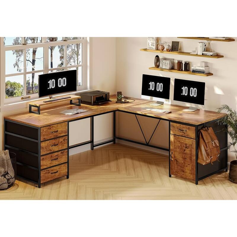 L Shaped Computer Desk 5 fabric Drawers Gaming Desk Storage Shelf